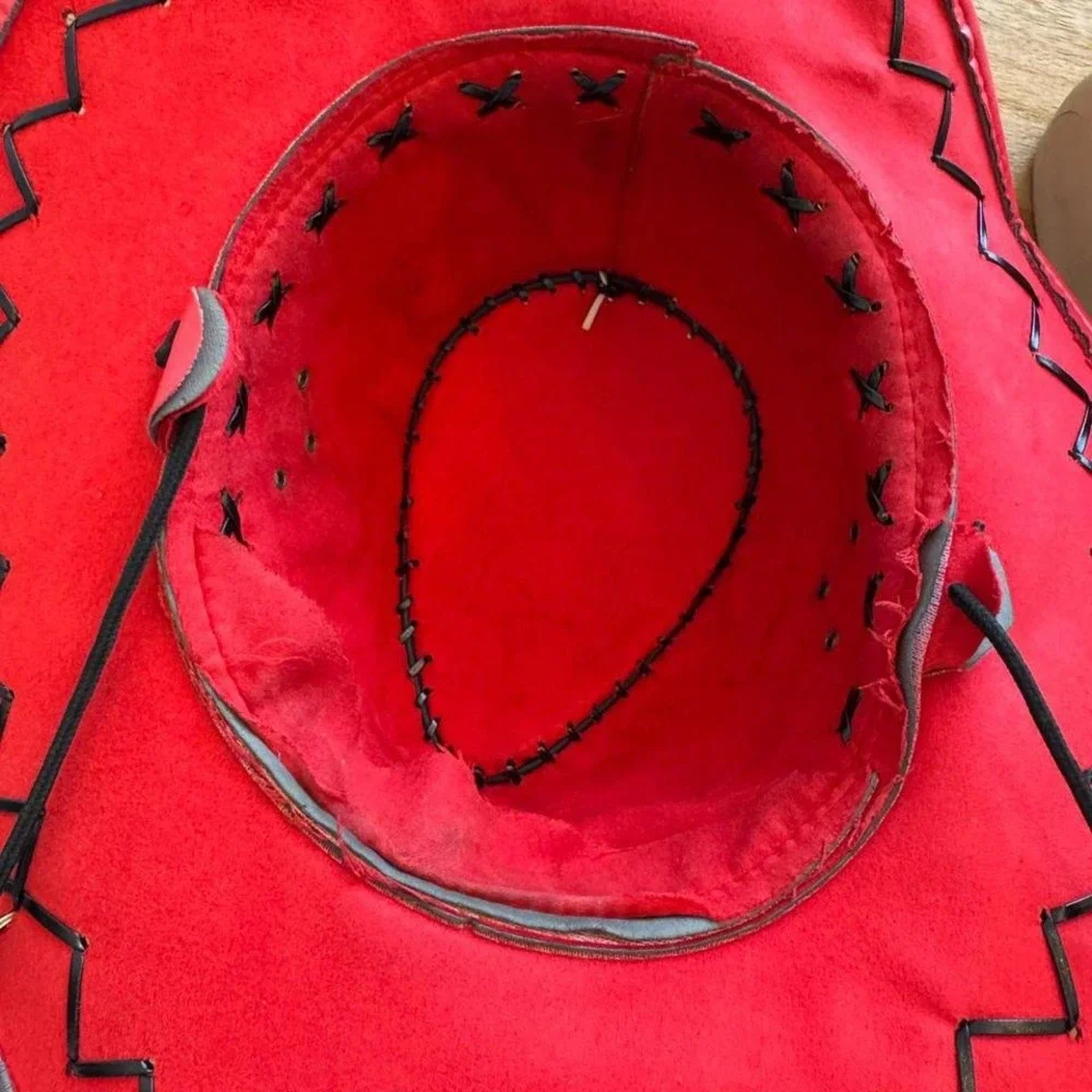 Vintage Red Faux Leather Cowboy Hat Bull Head Embossed Black Lace Trim